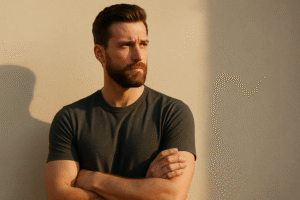 A young man with a strong jawline and neatly styled hair stands confidently against a beige wall, arms crossed over his chest. He wears a fitted charcoal-gray t-shirt, and warm sunlight casts a soft glow on his face and upper body, emphasizing his calm, resolute expression and muscular build.