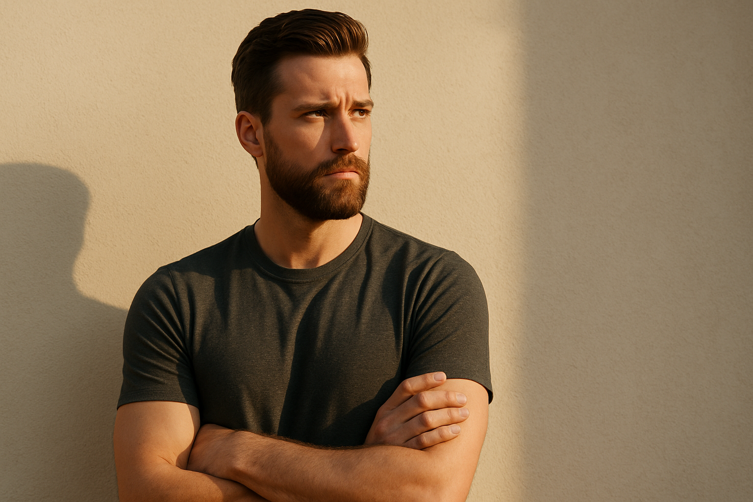 A young man with a strong jawline and neatly styled hair stands confidently against a beige wall, arms crossed over his chest. He wears a fitted charcoal-gray t-shirt, and warm sunlight casts a soft glow on his face and upper body, emphasizing his calm, resolute expression and muscular build.