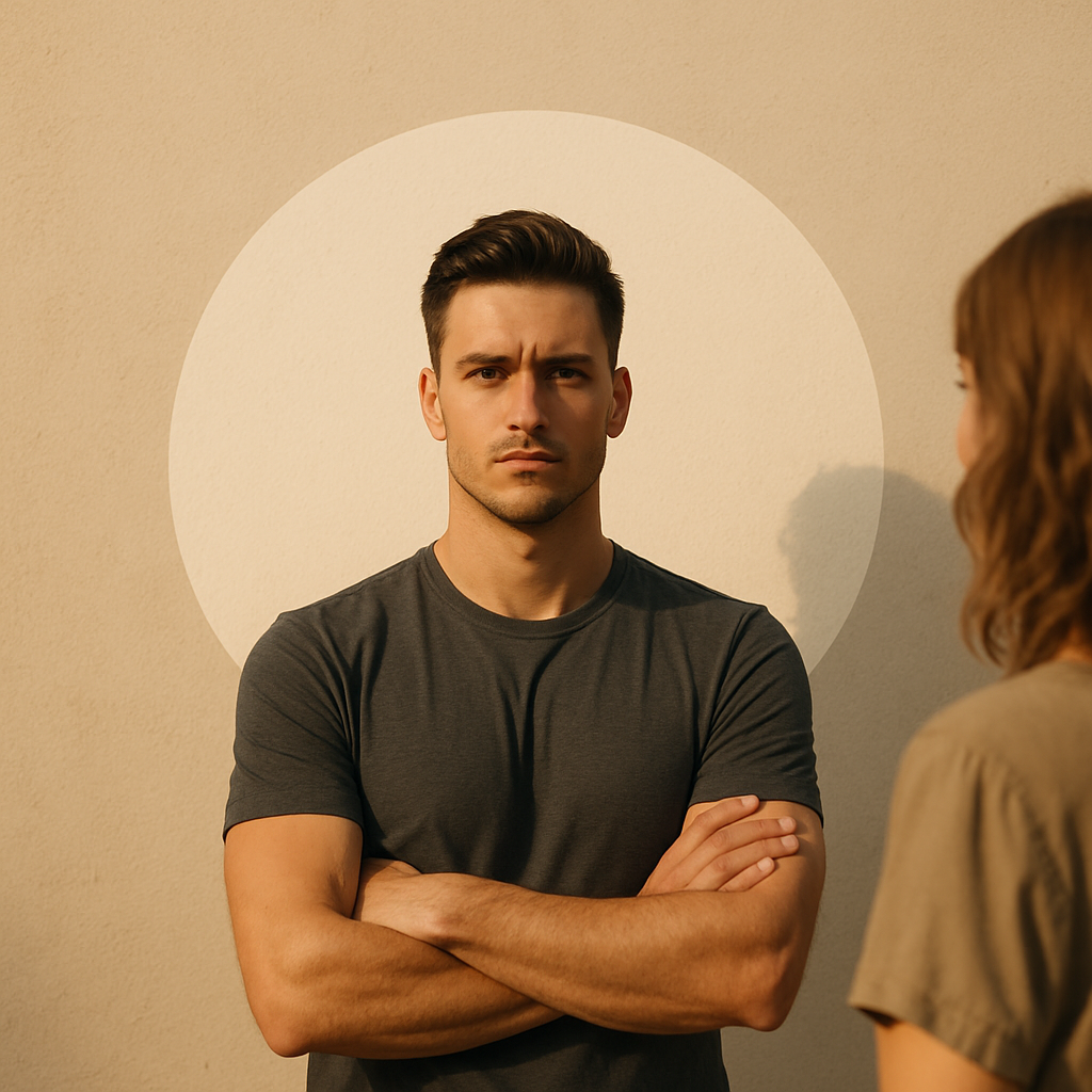 A young man with light skin and a serious expression stands with his arms crossed in front of a large off-white circle painted on a textured beige wall, wearing a charcoal-gray t-shirt under warm light, while a woman with light brown hair appears partially in the foreground facing him.