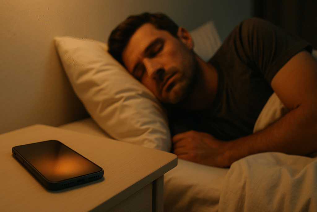 A smartphone placed screen-side up on a light wooden nightstand glows faintly with a warm orange hue, while a man sleeps peacefully beside it on a bed with off-white sheets, his charcoal-gray shirt barely catching the soft ambient light from a nearby lamp.