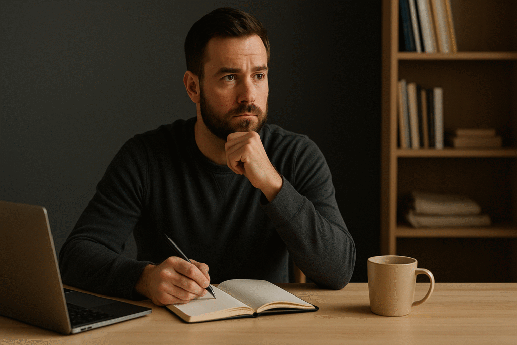 A bearded man in his 30s with light skin sits alone at a café table beside a large window, wearing a charcoal-gray shirt and reading a hardcover book. Warm light-orange sunlight filters through sheer curtains, casting a calm glow on the off-white table and highlighting his focused, thoughtful expression. A coffee cup rests beside a closed laptop, reinforcing a deliberate, grounded atmosphere.