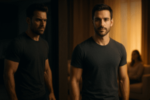 Calm, confident man in a charcoal gray T-shirt standing in warm light in a modern apartment while his harsher, tense reflection fades into the darker side of the room, symbolizing the shift from aggressive alpha behavior to grounded, principled masculinity with a relaxed feminine silhouette blurred in the background.