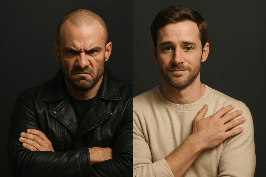 A split portrait of two men against a charcoal gray background. On the left, a bald, muscular man with a stern, aggressive expression wears a black leather jacket with his arms crossed. On the right, a calm, soft-featured man with neatly styled hair wears a light off-white sweater, gently resting his hand on his chest with a warm and empathetic expression.