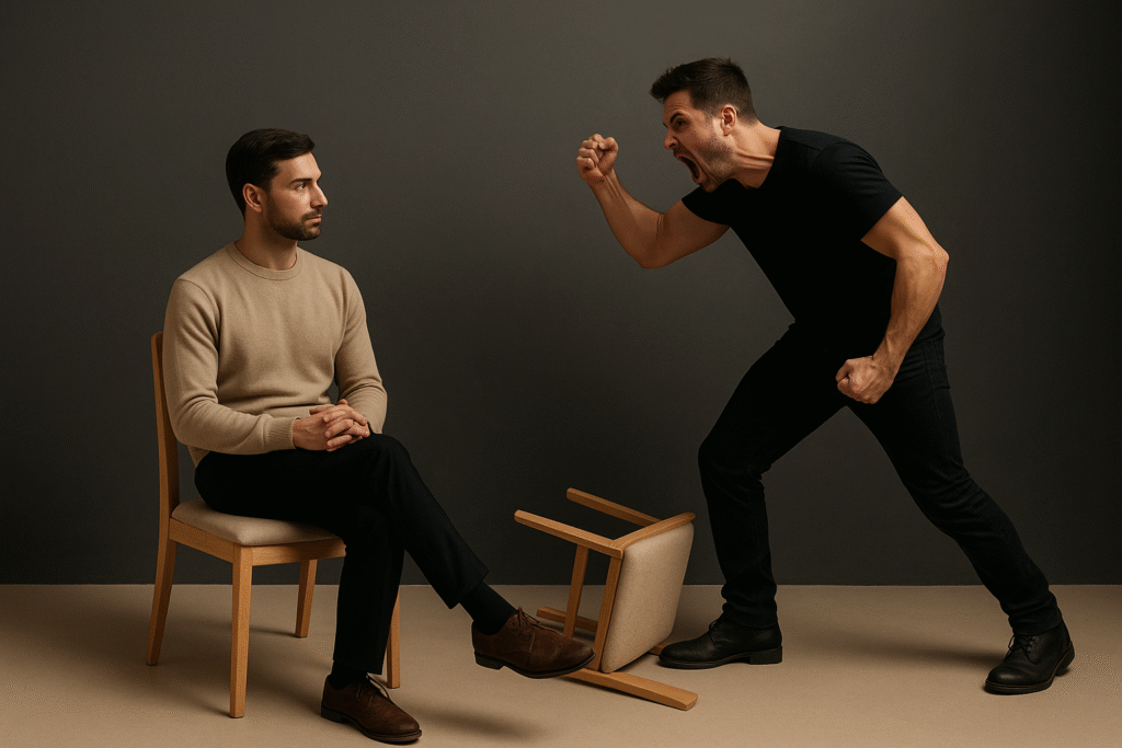 A calm, seated man wearing a light beige sweater and black slacks sits on a wooden chair, hands clasped, maintaining composure while a standing man opposite him, dressed in black, leans forward aggressively with fists clenched and yelling expression. A second overturned chair lies between them on a smooth, minimal beige floor, set against a charcoal gray background, creating a contrast between calm assertiveness and emotional aggression.
