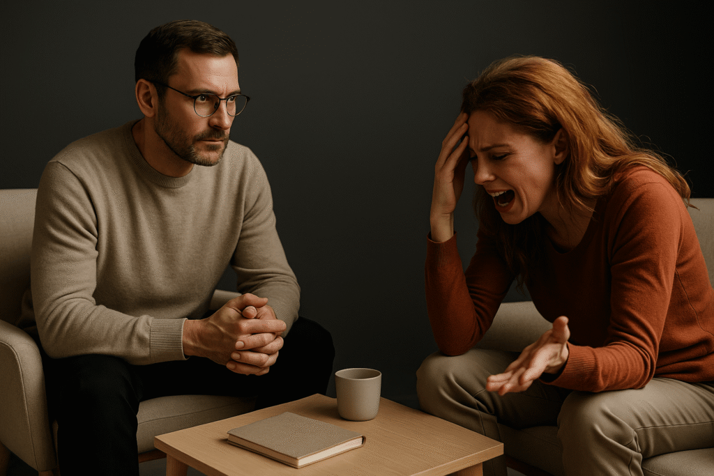 A calm male therapist sits attentively with hands clasped, wearing glasses and a light beige sweater, leaning forward in a beige chair. Opposite him, a distressed woman with long reddish-brown hair, wearing a rust-colored sweater, raises one hand to her forehead and gestures in anguish with her other hand. A small light wood table with a notebook and mug sits between them against a charcoal gray background.
