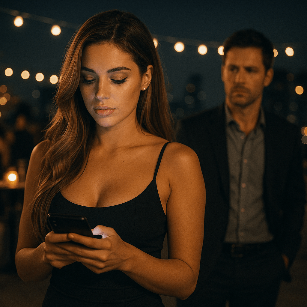 A young woman with long wavy light-brown hair stands at an evening rooftop gathering, focused intensely on her phone, while warm string lights glow behind her and a distant man watches with quiet concern.