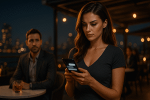 A young woman with light skin stands on a rooftop bar at night, fully absorbed in her phone, while a man in the background watches her with a worried, disappointed expression. Warm ambient lights and a blurred city skyline create contrast between her distracted focus and his emotional distance.