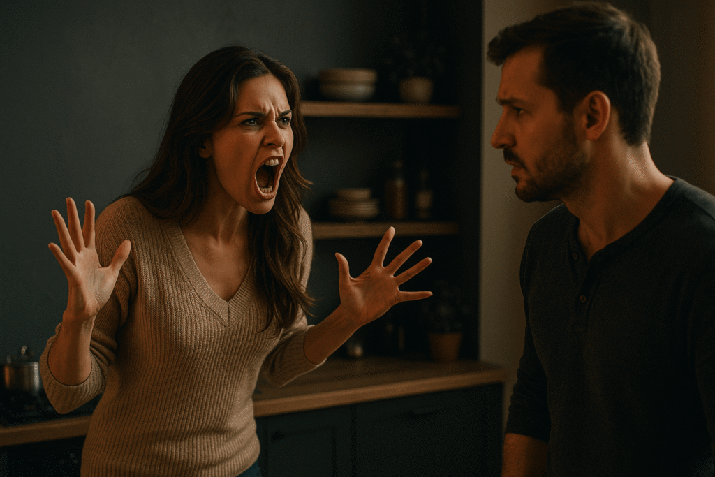 A woman is shouting with raised hands in a dimly lit kitchen while a man stands nearby looking tense and hurt, warm light falling across both of them against charcoal gray cabinets and wooden shelves.
