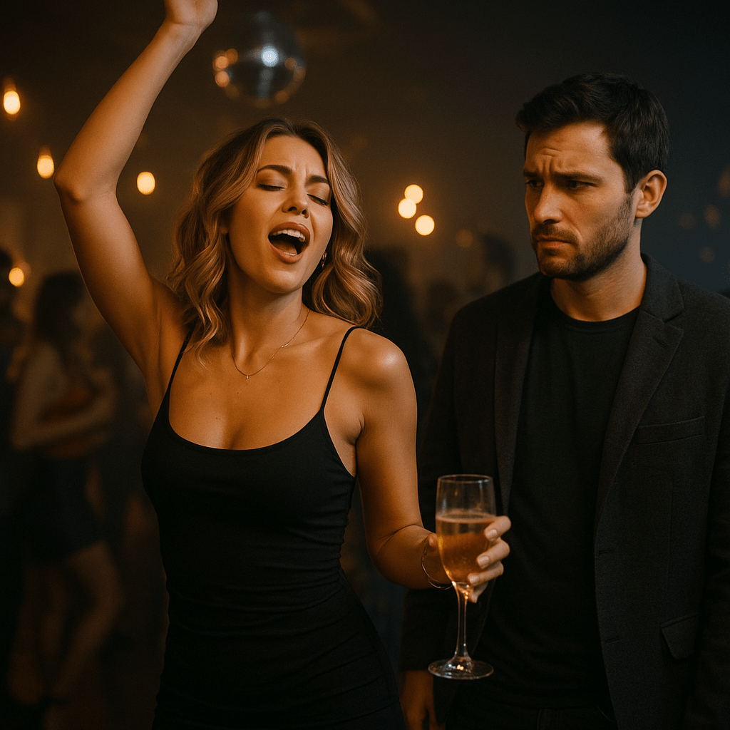 A woman in a black dress cheers with a drink on a crowded nightclub dance floor while a man beside her watches with a worried, uncomfortable expression under warm orange lights against a dark charcoal backdrop.