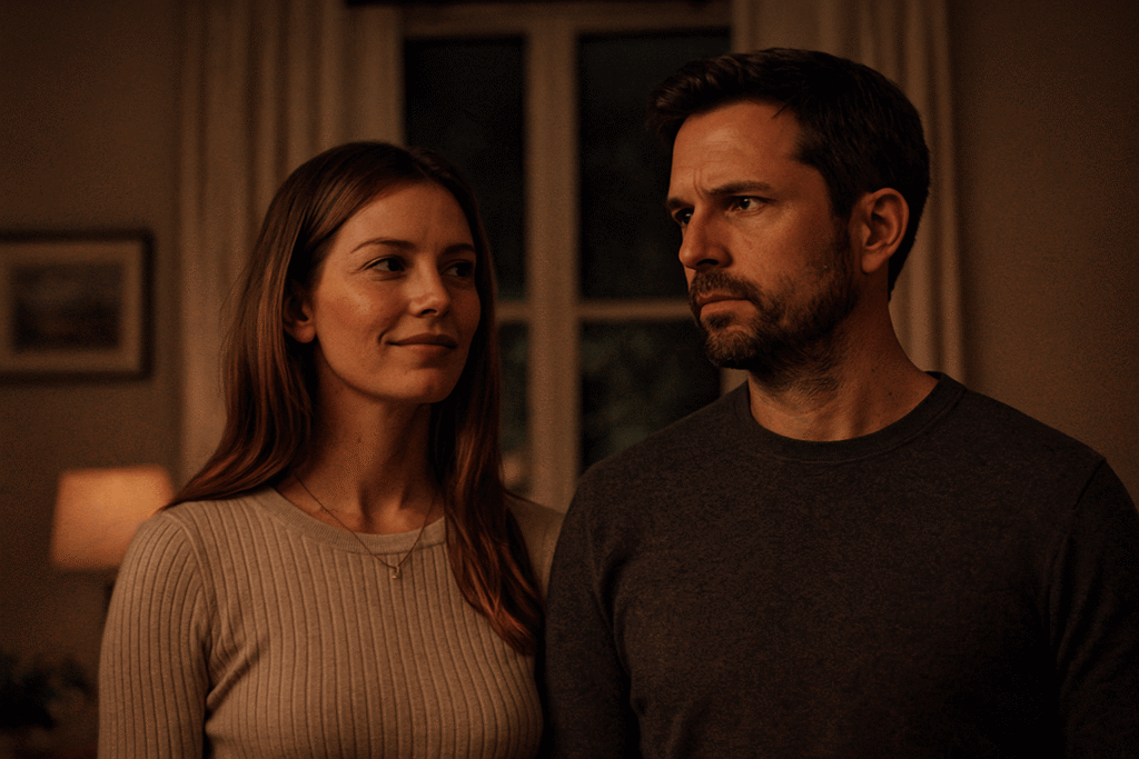 A woman stands beside a man in a dimly lit room, smiling softly while he looks away with a tense, uncertain expression, highlighting emotional disconnect between them.