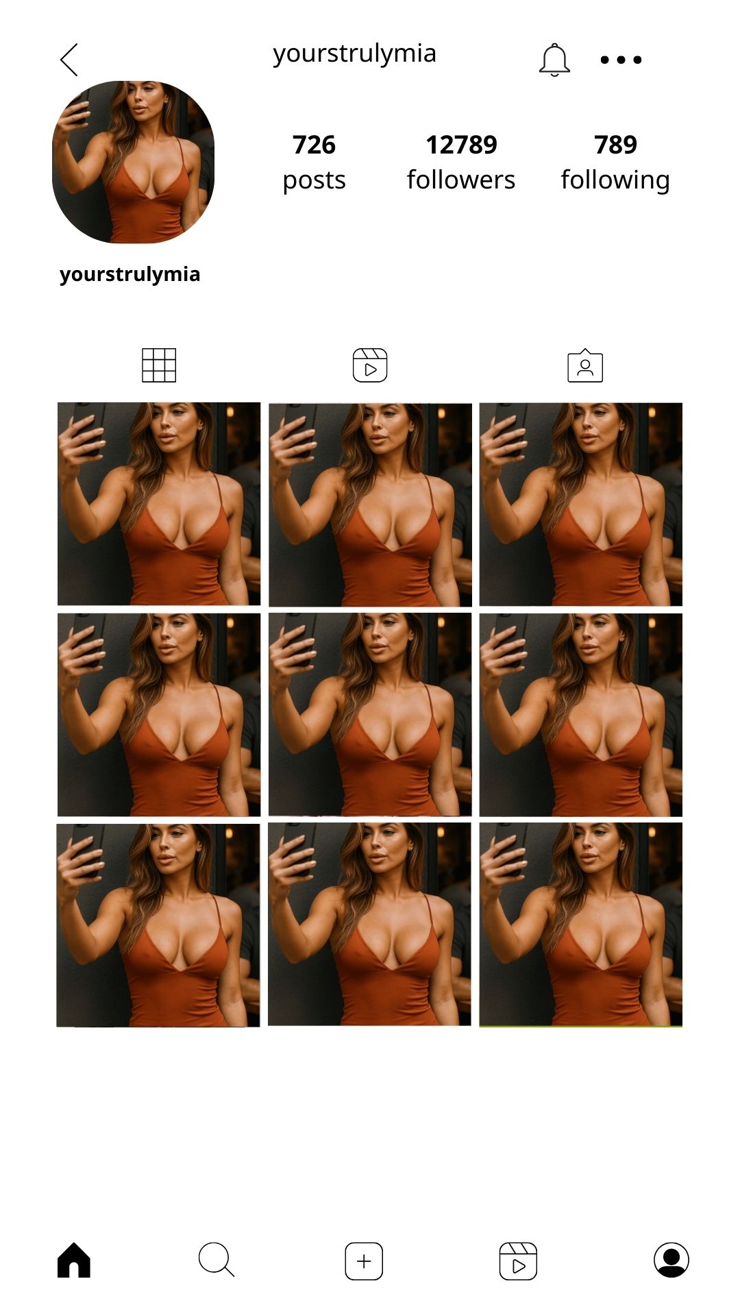 Mock Instagram profile named “yourstrulymia” showing a woman taking a selfie in a tight red dress with a deep neckline, featuring 726 posts, about 12,789 followers, and 789 following, with a grid of similar glamorous selfies emphasizing appearance and social media presentation.