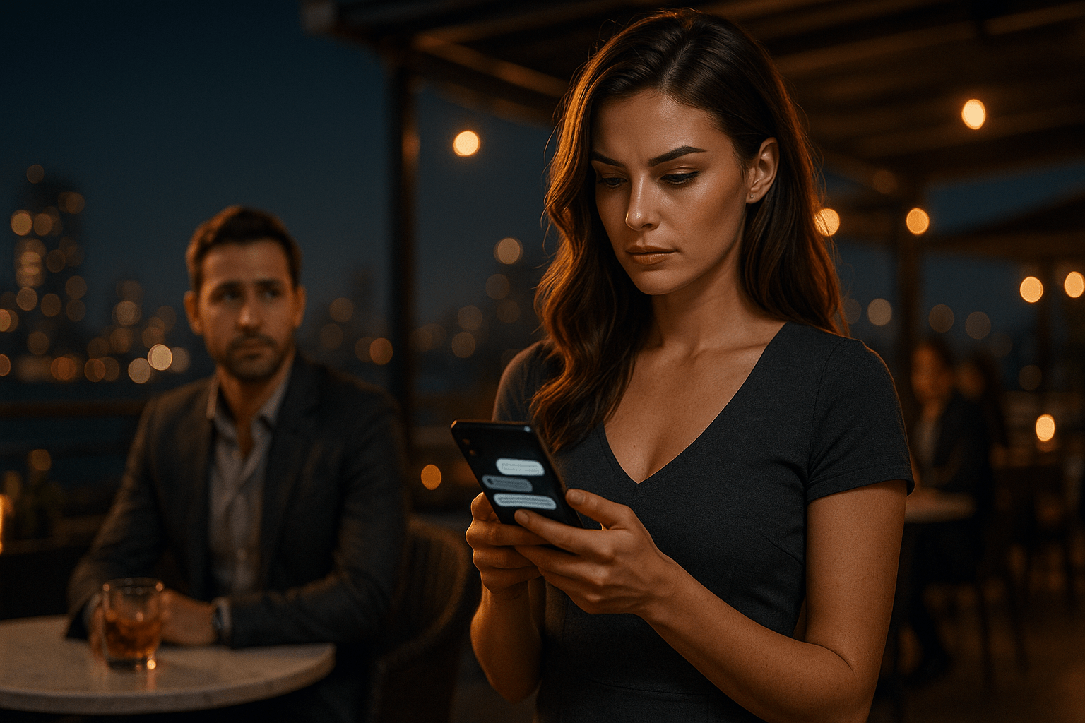 A young woman with light skin stands on a rooftop bar at night, fully absorbed in her phone, while a man in the background watches her with a worried, disappointed expression. Warm ambient lights and a blurred city skyline create contrast between her distracted focus and his emotional distance.