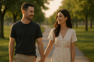 Young couple in their late twenties walking hand in hand through a sunlit park at golden hour, the man wearing a charcoal gray t-shirt and beige trousers and the woman in a modest off-white dress, both smiling warmly at each other with soft light in light-orange tones reflecting off the path and trees in the background.