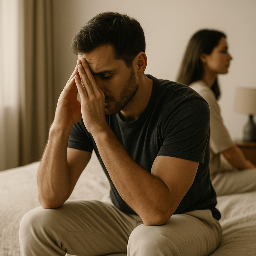 Man sitting at the edge of a bed with his face in his hands while a woman in the background sits turned away, both surrounded by soft neutral tones and warm light.