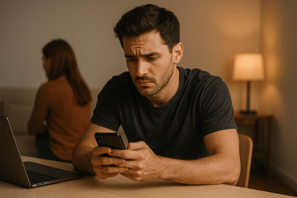 Man sitting at a desk in a dim room lit by a warm glow from a smartphone in his hands, leaning forward with tense focus while the surrounding space remains quiet and uncluttered.