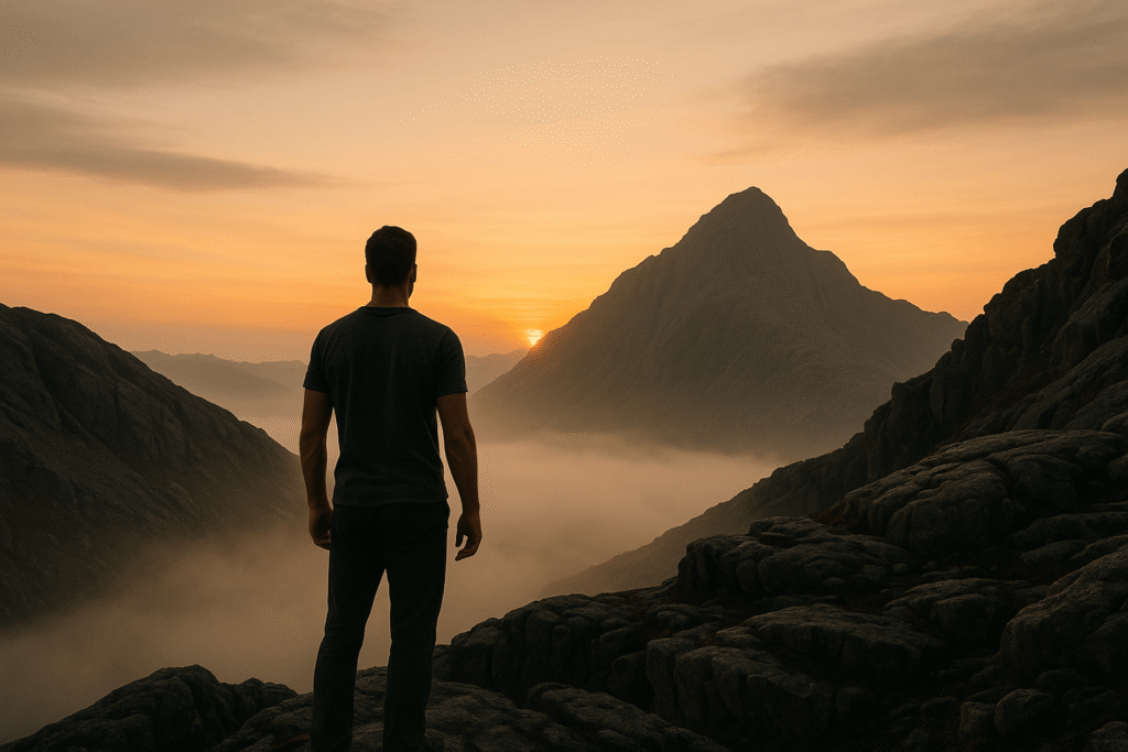 Man standing alone on a rugged mountain ridge at sunrise, surrounded by charcoal gray rock formations with warm light orange tones breaking through the horizon and soft off-white mist rising below, conveying grounded focus and inner direction.
