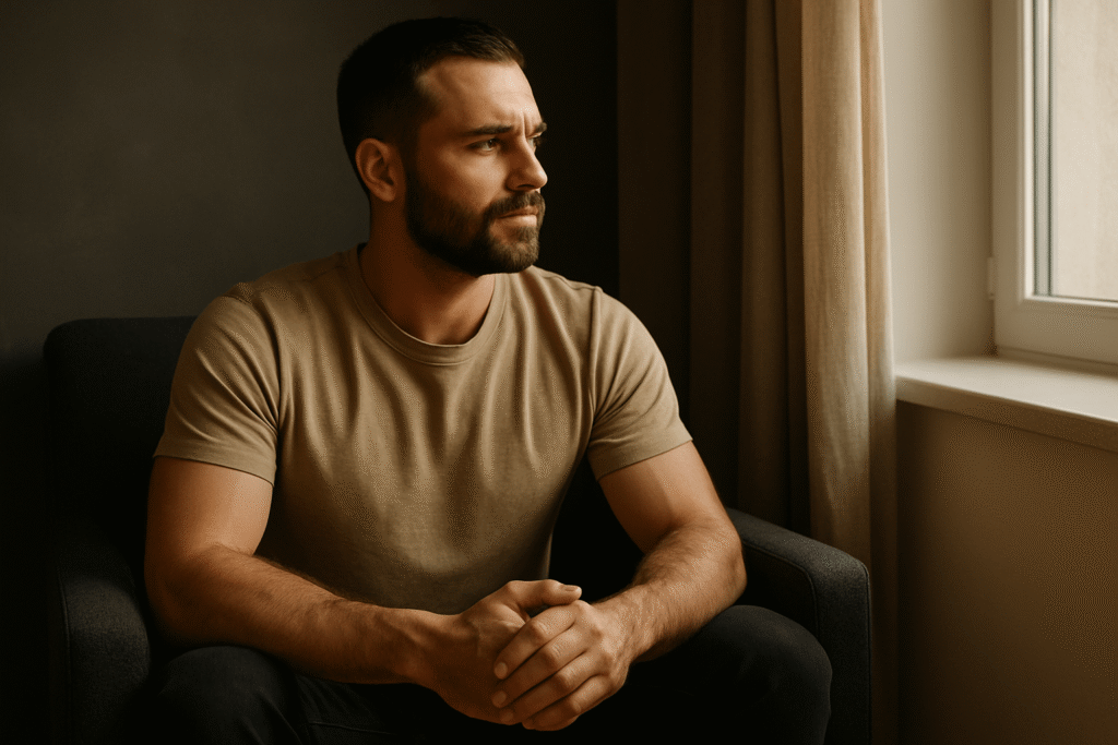 Man sitting in a charcoal armchair near a window with warm light casting across his face, hands clasped loosely as he looks outward in a calm, reflective posture.