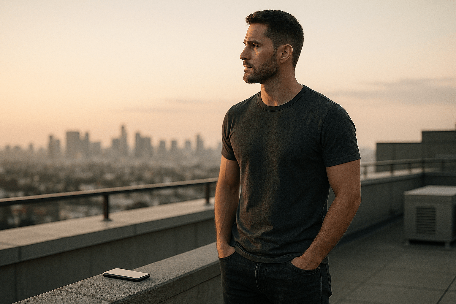 Light-skinned man in a charcoal gray T-shirt standing on a rooftop at sunset, looking toward the city skyline with his phone placed face-down beside him, warm orange light illuminating the scene and creating a calm, grounded atmosphere.