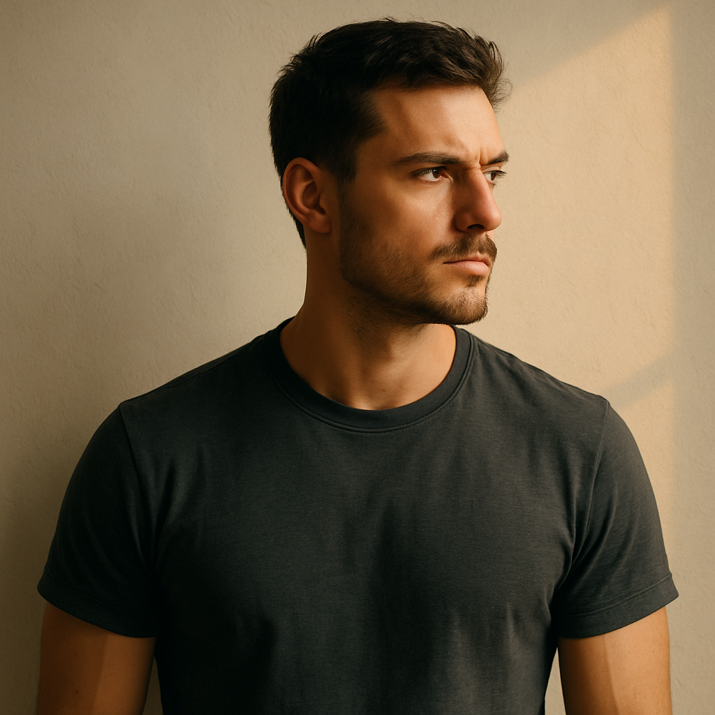 A young man in a fitted charcoal-gray shirt stands against an off-white wall, sunlight casting a warm orange beam across his face as he looks to the side with a calm, focused expression, evoking discipline and inner clarity.