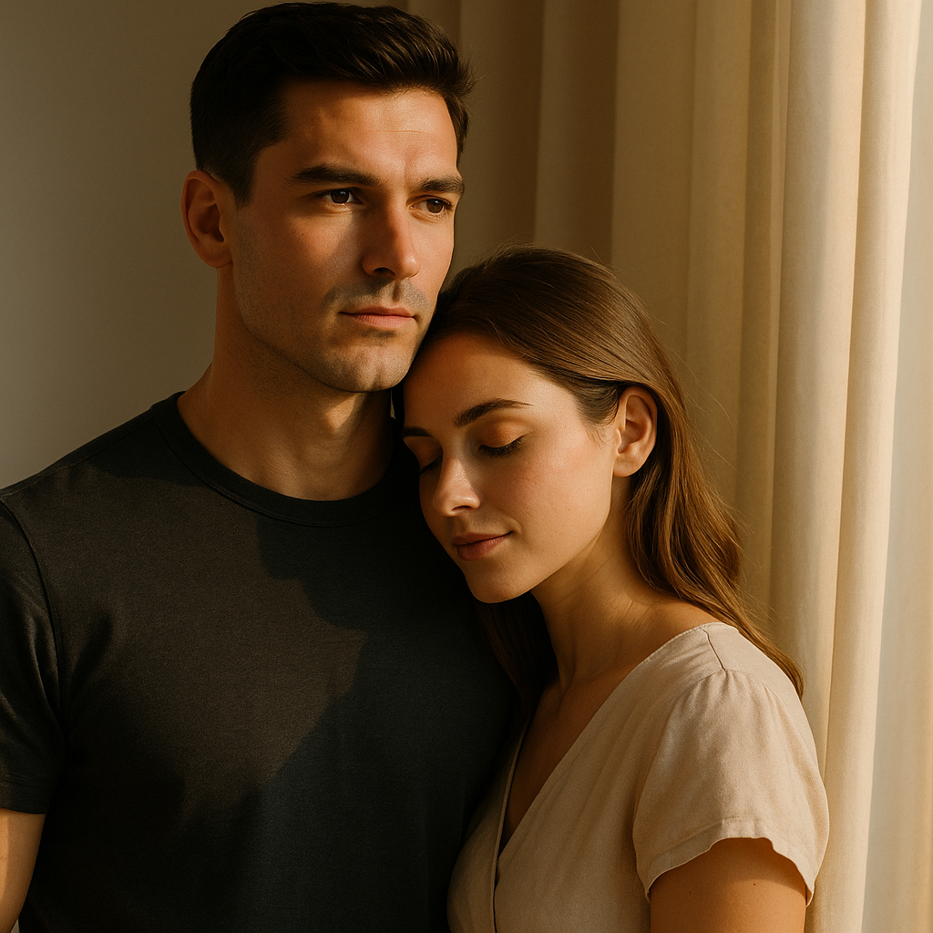 A calm man in a charcoal gray shirt stands with a serene expression while a woman in a soft off-white dress rests her head gently on his shoulder, both bathed in warm light orange sunlight filtering through curtains, evoking emotional safety and trust.