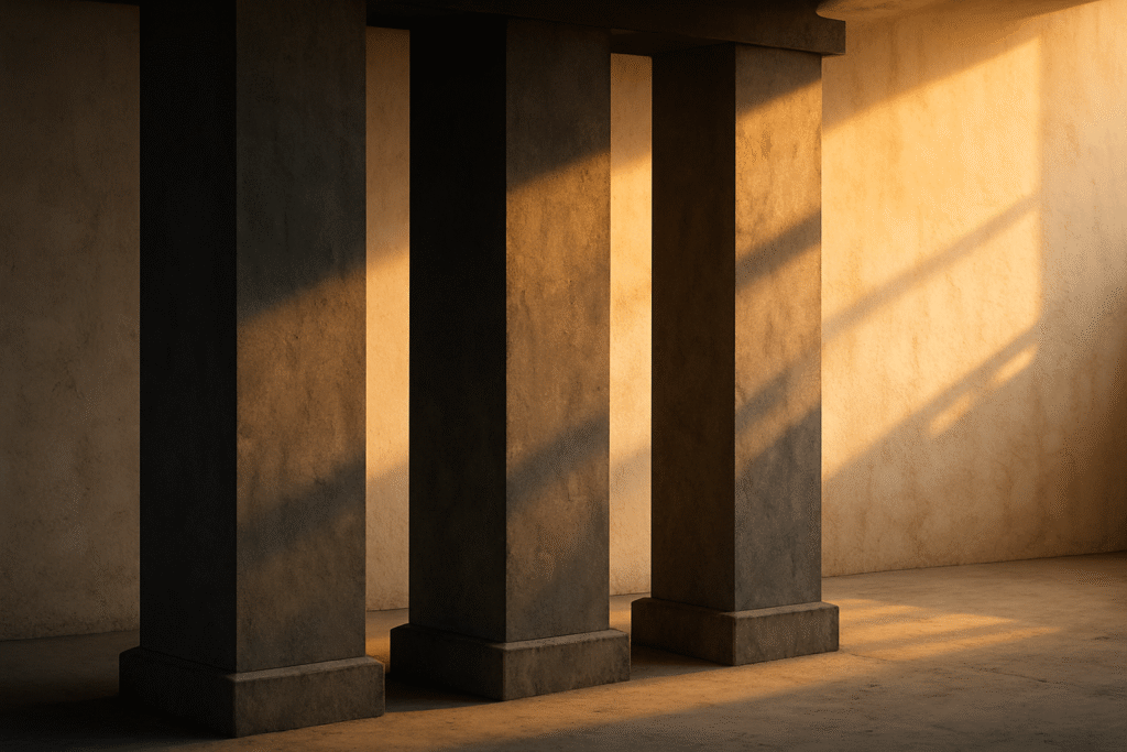 Three tall charcoal-gray concrete pillars stand in soft golden-orange sunlight against an off-white wall, casting long shadows that emphasize structure, balance, and strength.