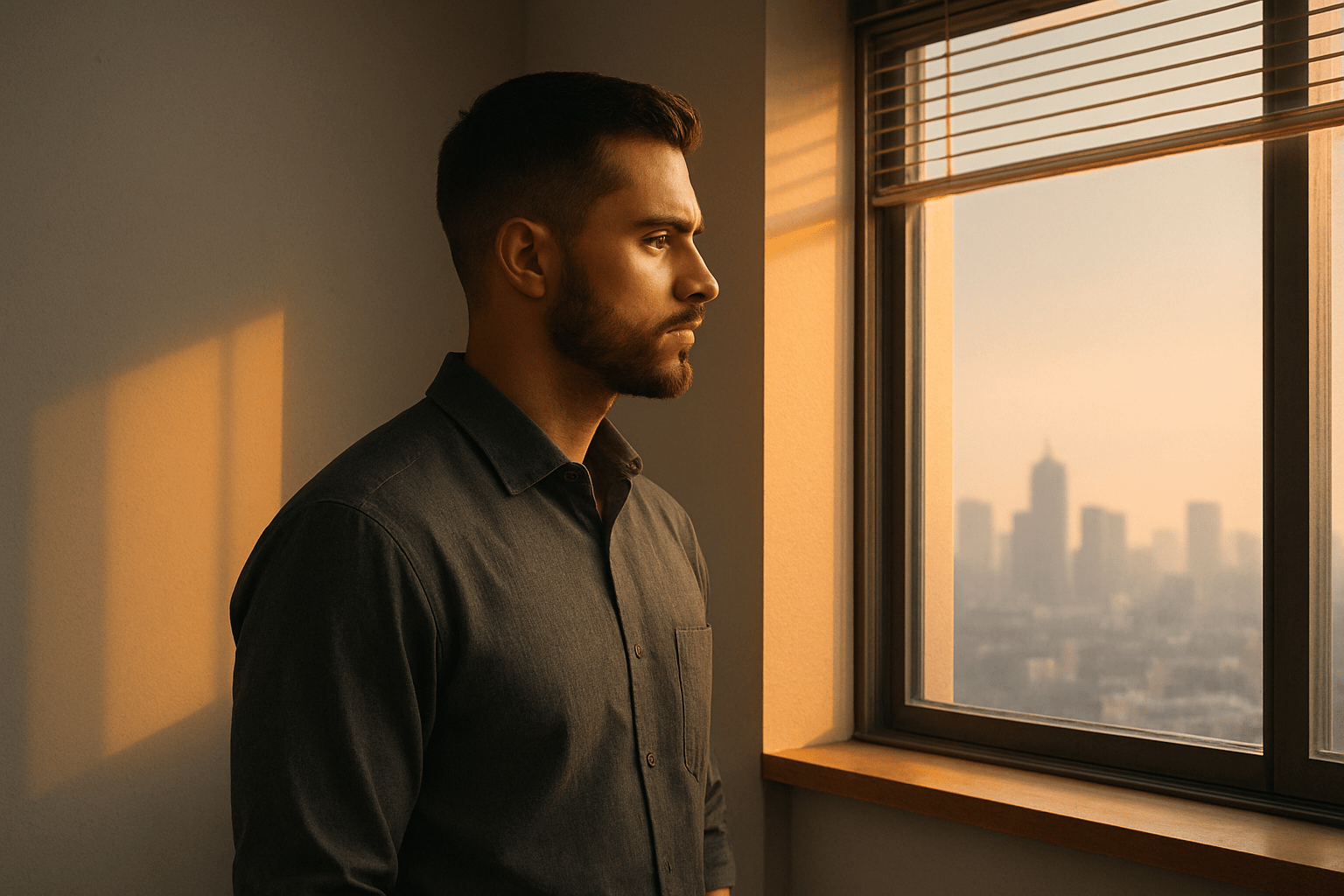 A focused man in a charcoal gray shirt stands by a sunlit window overlooking a hazy city skyline at sunrise, warm orange light casting sharp lines across the wall as he gazes outward with calm determination.