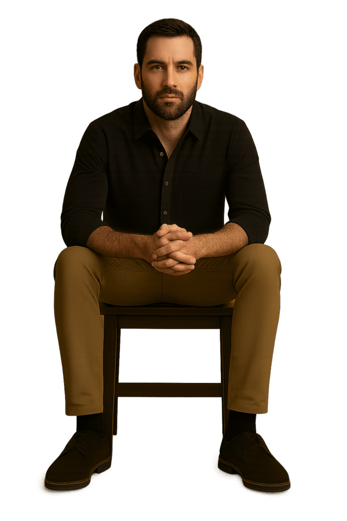 A composed man in his mid-30s with short dark hair and a neatly trimmed beard sits with hands clasped in front of him, wearing a charcoal gray button-up shirt and khaki pants. Warm light orange tones softly illuminate his face against a smooth gradient background transitioning from charcoal gray to beige, conveying a sense of discipline, integrity, and masculine calm.