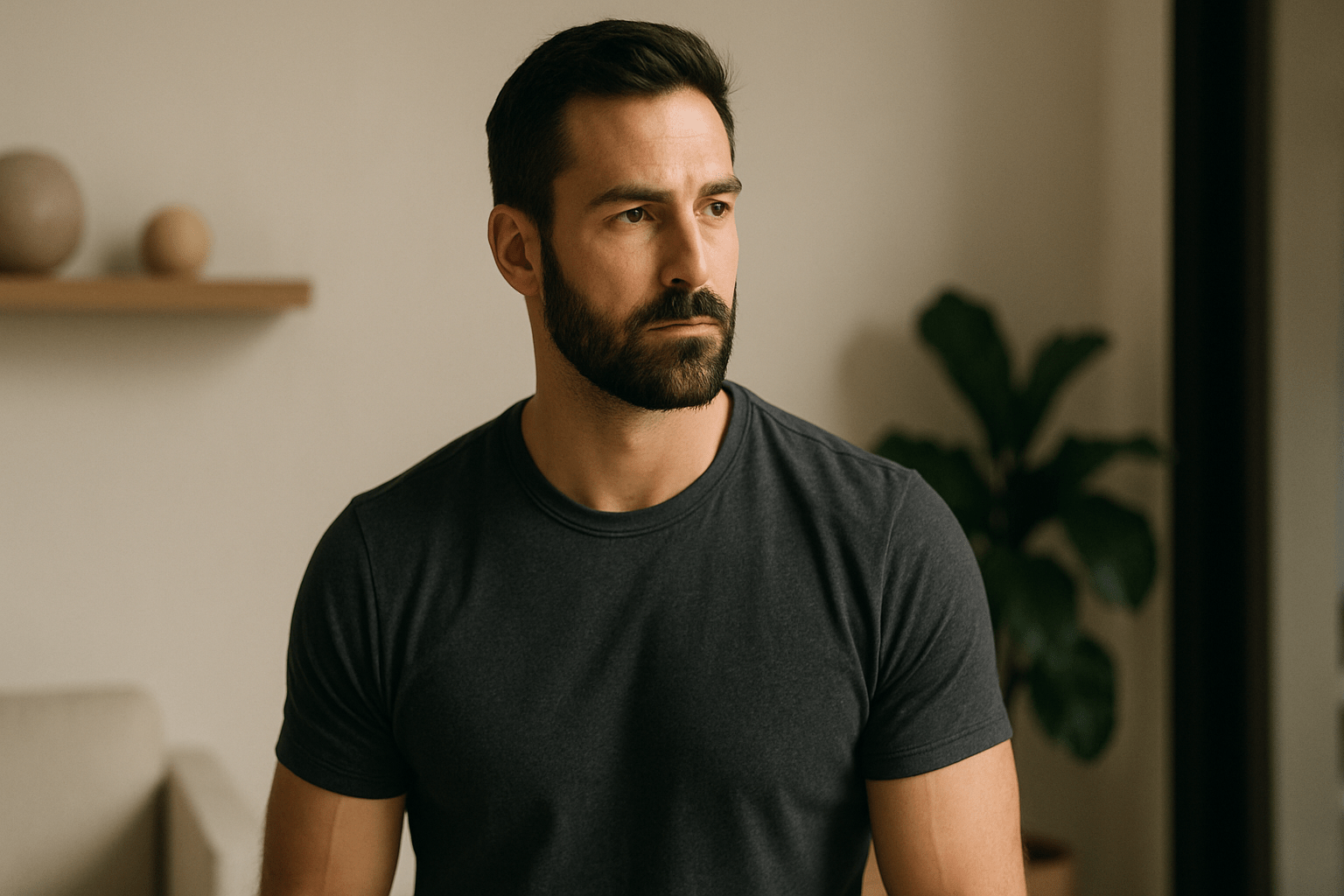 A fit bearded man in his 30s wearing a charcoal gray t-shirt stands near a softly lit window, his expression calm and confident. The background features minimalist decor in light orange and off-white tones, with a blurred plant and wooden shelf adding warmth and balance.
