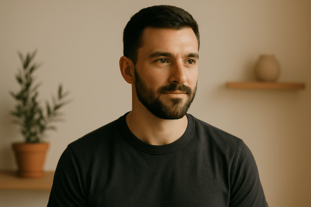 A calm man in his early 30s with short dark hair and a trimmed beard sits in a softly lit room, wearing a charcoal gray t-shirt. Warm light orange and off-white tones fill the minimalist background, with a blurred potted plant and shelf creating a peaceful, grounded atmosphere that conveys self-assured confidence without arrogance.