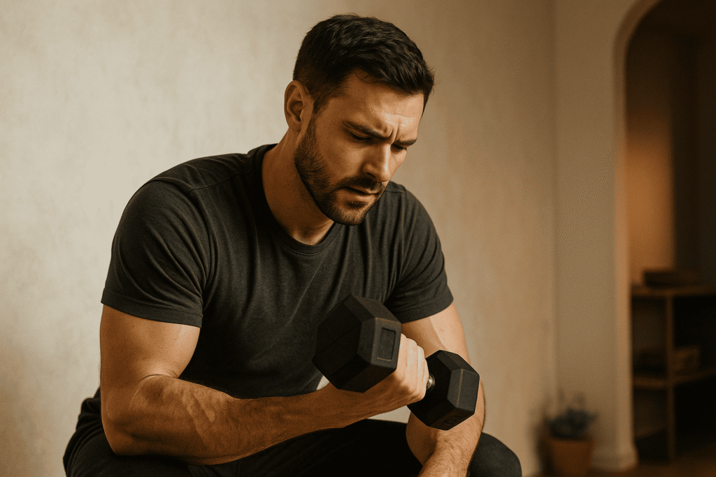A focused man in his early 30s with short dark hair and a trimmed beard performs a dumbbell curl in a softly lit home gym. He wears a fitted charcoal gray t-shirt, his expression concentrated and calm, surrounded by warm light orange highlights and neutral off-white tones that convey discipline, consistency, and quiet inner strength.