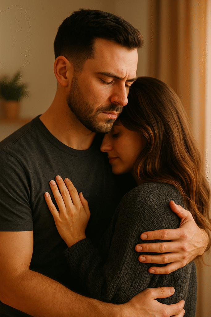 A man in a charcoal gray t-shirt gently embraces a woman resting her head on his chest, both with calm, introspective expressions. Warm light orange sunlight filters through the curtains, softening their features and casting an intimate, serene glow that conveys faithfulness, emotional restraint, and moral steadiness.