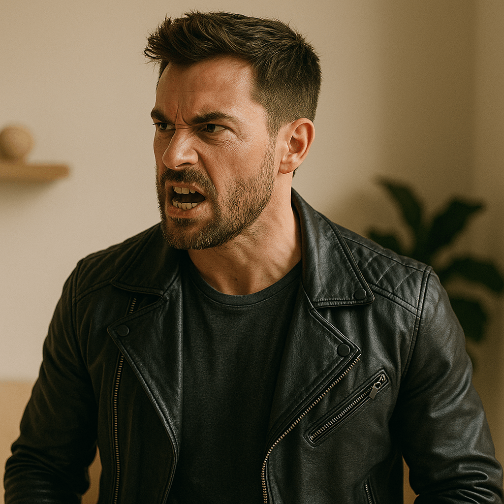 A man in his early 30s with short dark hair and a trimmed beard wearing a black leather jacket and charcoal gray t-shirt expresses anger mid-shout. Warm natural light hits his face against a minimalist background in soft off-white and light orange hues, suggesting intensity rooted in insecurity rather than strength.