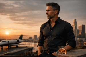 Photorealistic portrait of a confident, fit man in his mid-40s standing on a rooftop at sunset, wearing a charcoal shirt, gazing toward the horizon with a calm, composed expression, warm light reflecting off a modern city skyline and water in the background.