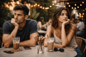 A pensive couple sits at an outdoor café table, looking in opposite directions with two iced coffees and a smartphone between them, warm string lights and soft greenery blurred in the background.