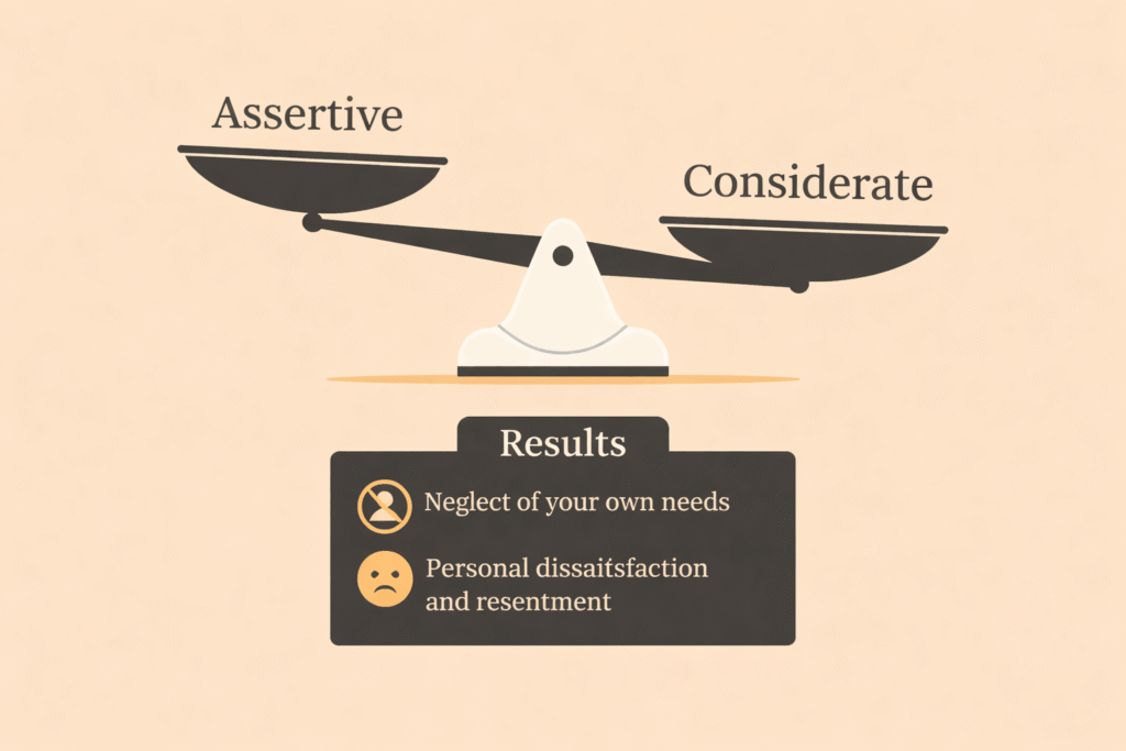 Scale tilted downward on the right, with “Considerate” outweighing “Assertive” in charcoal gray on a light orange background. Centered below, a dark panel labeled “Results” lists: neglect of your own needs and personal dissatisfaction and resentment, with simple icons.