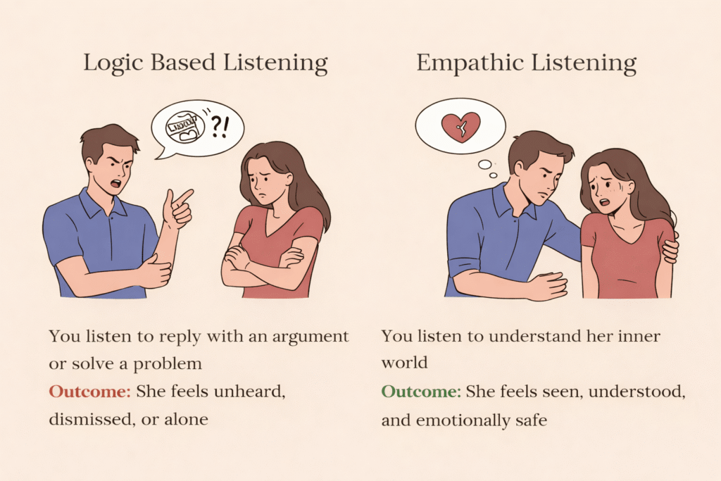 Comparison infographic showing logic-based listening versus empathic listening in a relationship: on the left, a man argues and tries to solve a problem while the woman feels unheard and dismissed; on the right, the man listens with empathy and comfort, making the woman feel understood and emotionally safe.