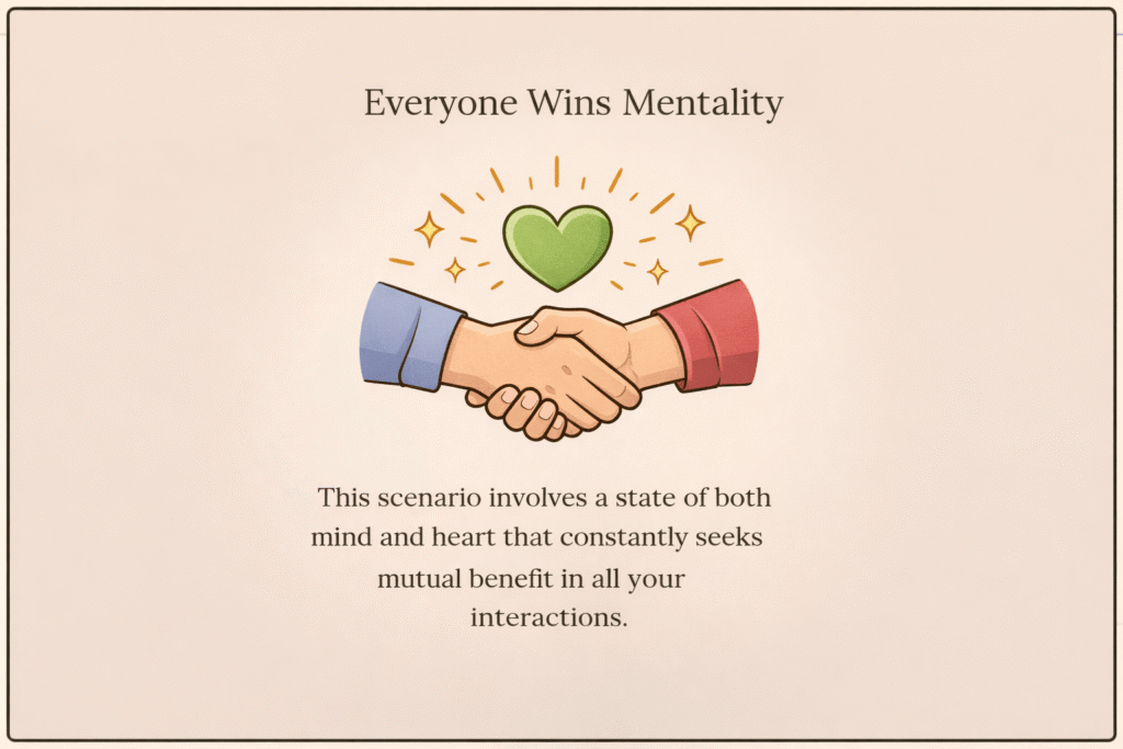 Infographic titled “Everyone Wins Mentality” showing two hands shaking beneath a heart symbol, representing mutual benefit and a mindset focused on creating win-win outcomes in all your interactions